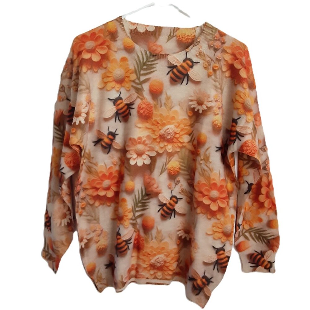 Unbranded Sweater MED Pullover Bee's Flowers Round Neck Long Sleeve Art To Wear